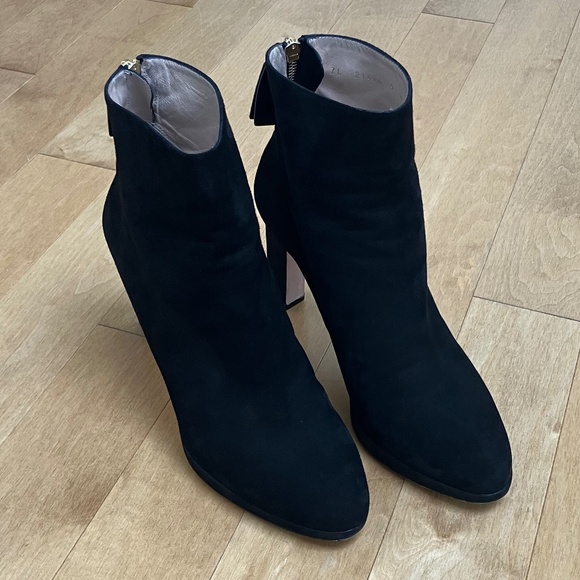 Stuart Weitzman Black Suede Booties with Gold-Tone Zipper - Picture 2 of 13